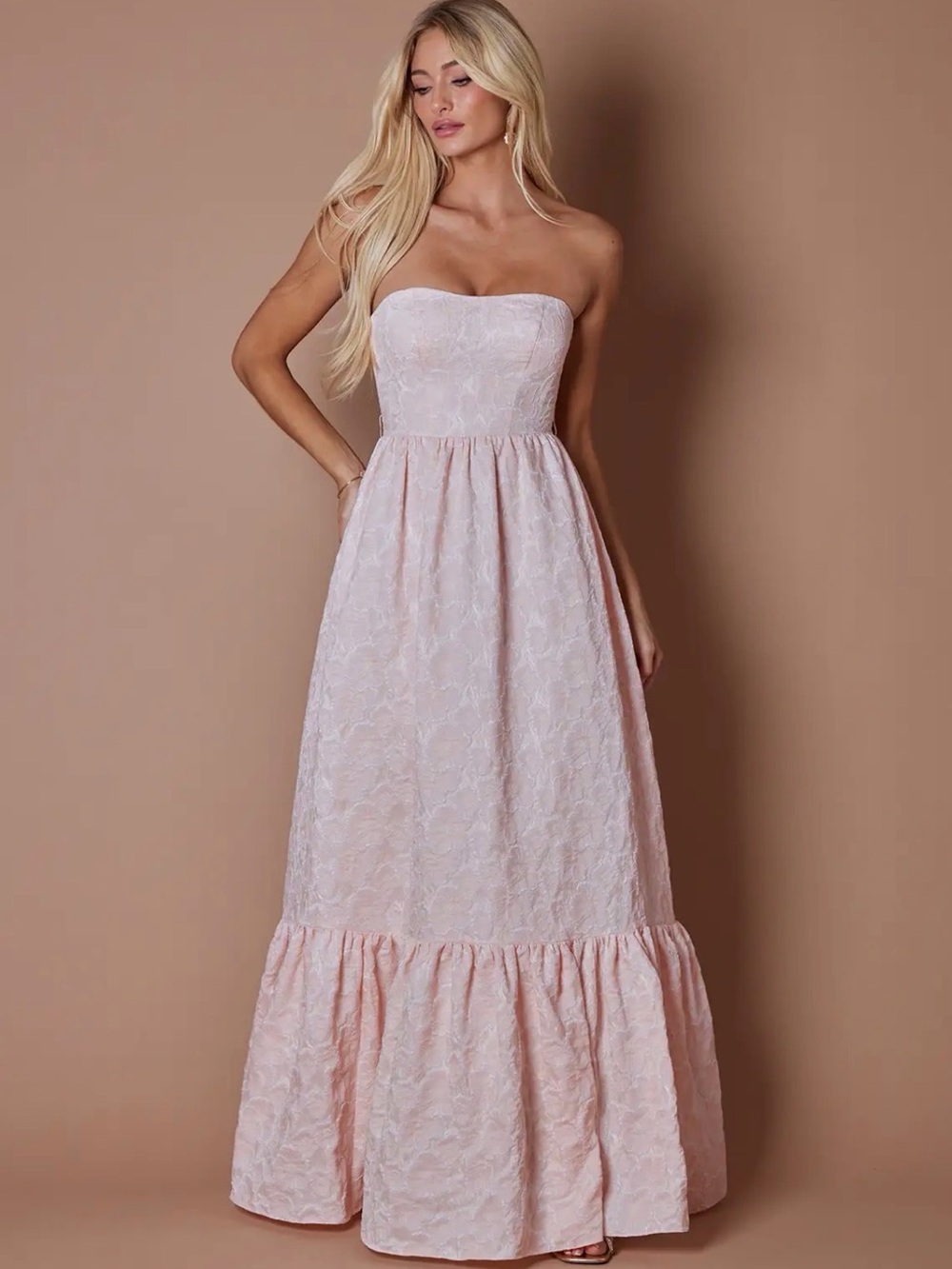 Azazie Strapless Lace Gown in Light Peach